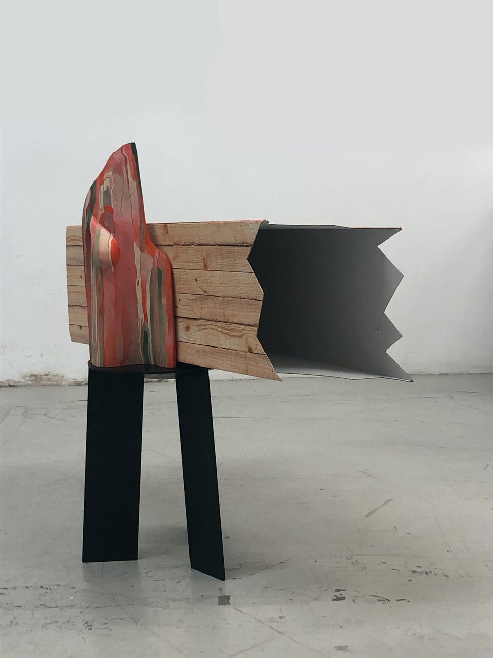 Decor, 2020, installation (hand-made oil painted wood sculpture, ready-made table by HAY, cardboard by Solits, woodstack design by Marcel Hellemons)